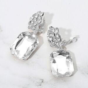 Silver Rectangle Cluster Top Rhinestone Clip On Dangle Earrings Bling ClipOns
